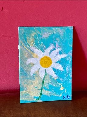 Hand-Painted White Daisy on Fluid Art Background- Original Home Art 5x7